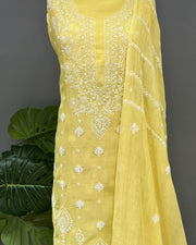 Mul Chanderi Chikankari Unstich 2pc suit - Butter Yellow
