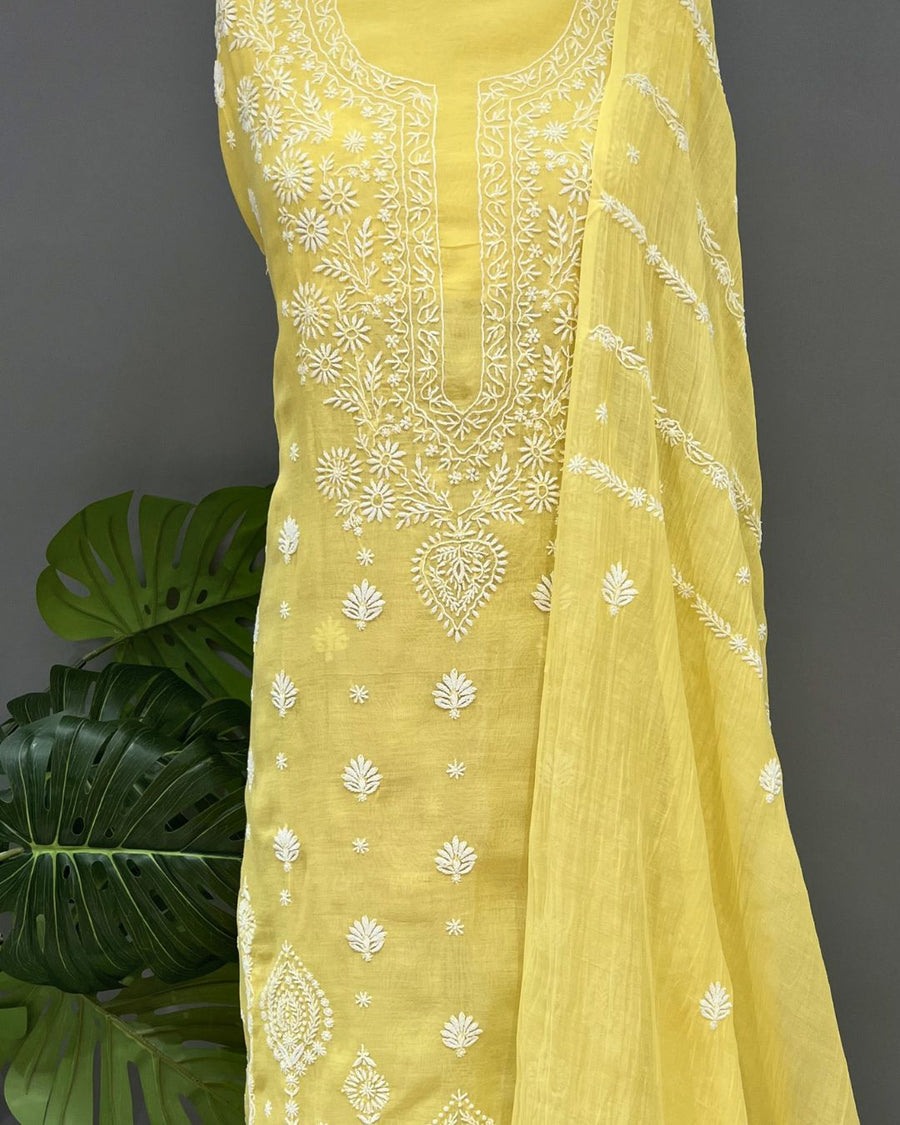 Mul Chanderi Chikankari Unstich 2pc suit - Butter Yellow