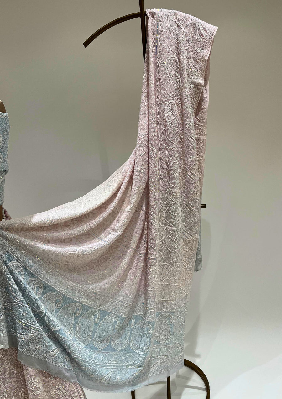 Pure Georgette Chikankari Unstitched Lehenga - Powder blue and Blush Pink