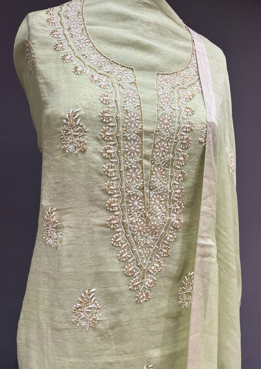 Tissue Chikankari Unstitch 2pc Suit - Mint Green