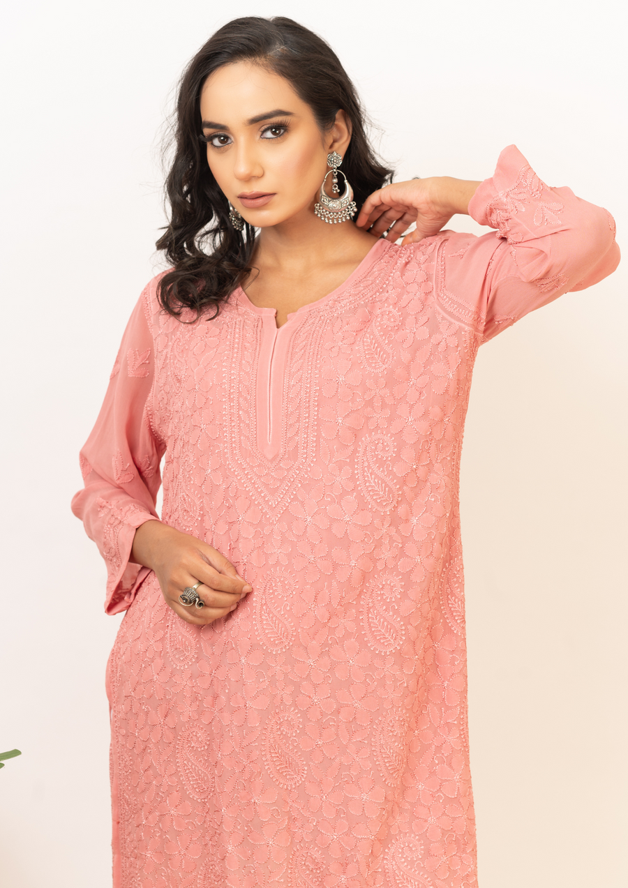 Georgette chikankari short kurta - dusty pink