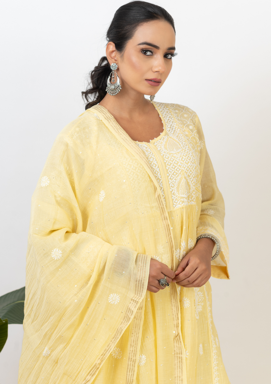 Mul Chanderi chikankari suit set - lemon yellow