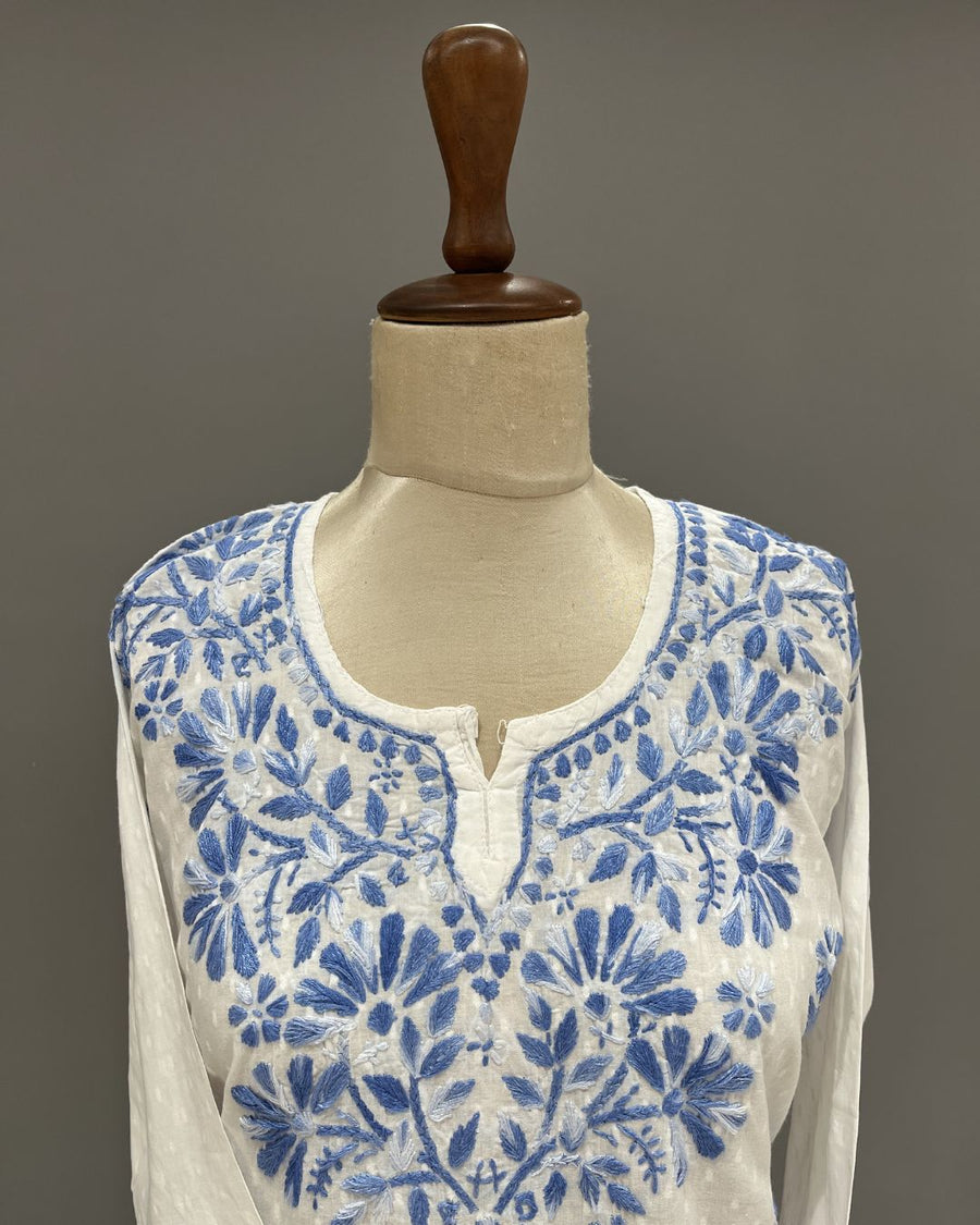 Cotton Chikankari Short Kurti - White & Blue