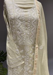 Chikankari Mul Unstitched Kurta And Dupatta Set  - Sage Green