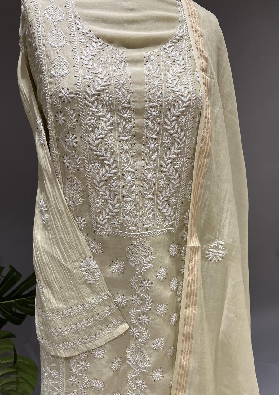 Chikankari Mul Unstitched Kurta And Dupatta Set  - Sage Green
