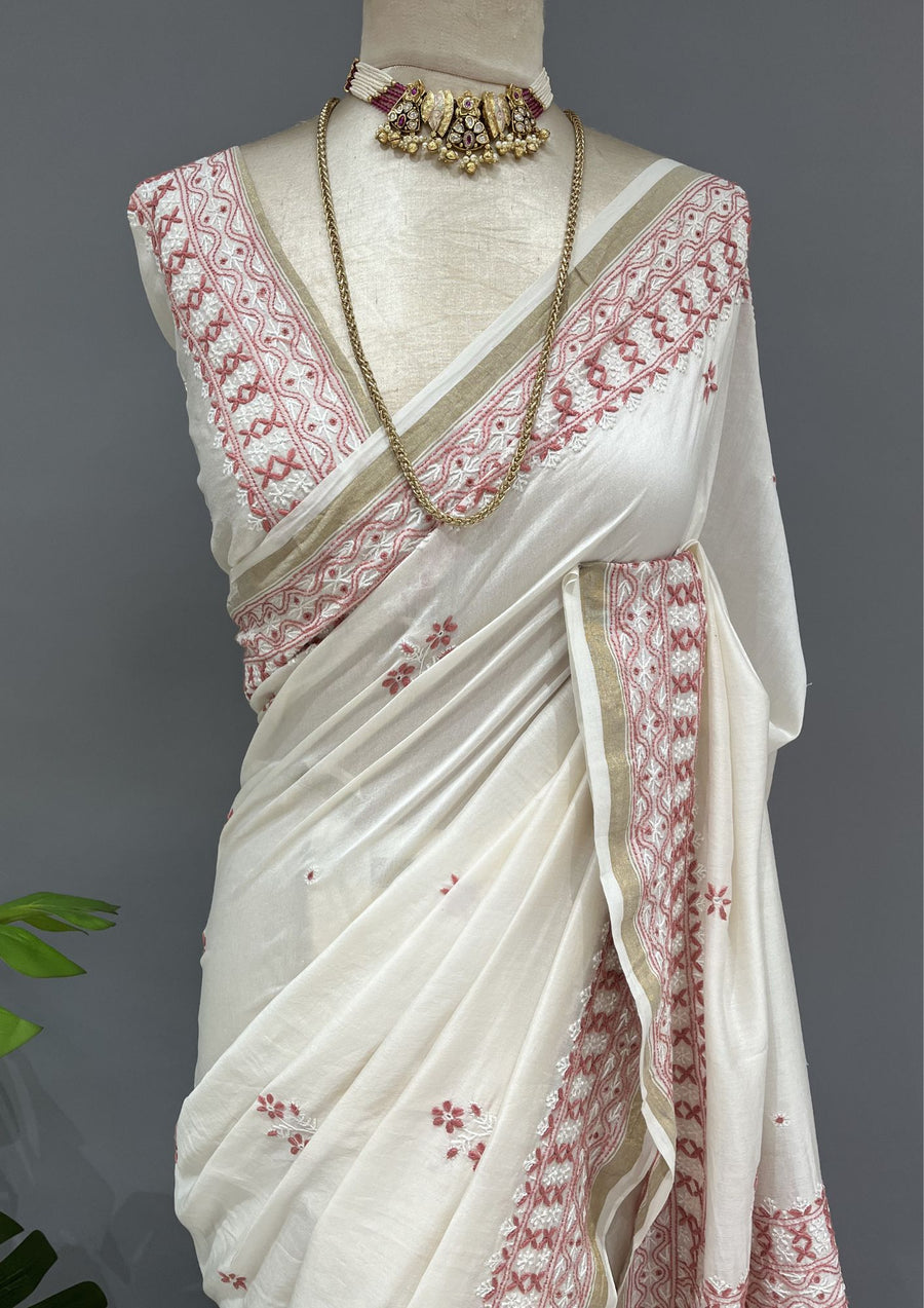 Chanderi Chikankari Saree - Ivory