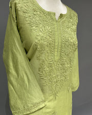 Chanderi Chikankari Long Kurti - Parrot Green