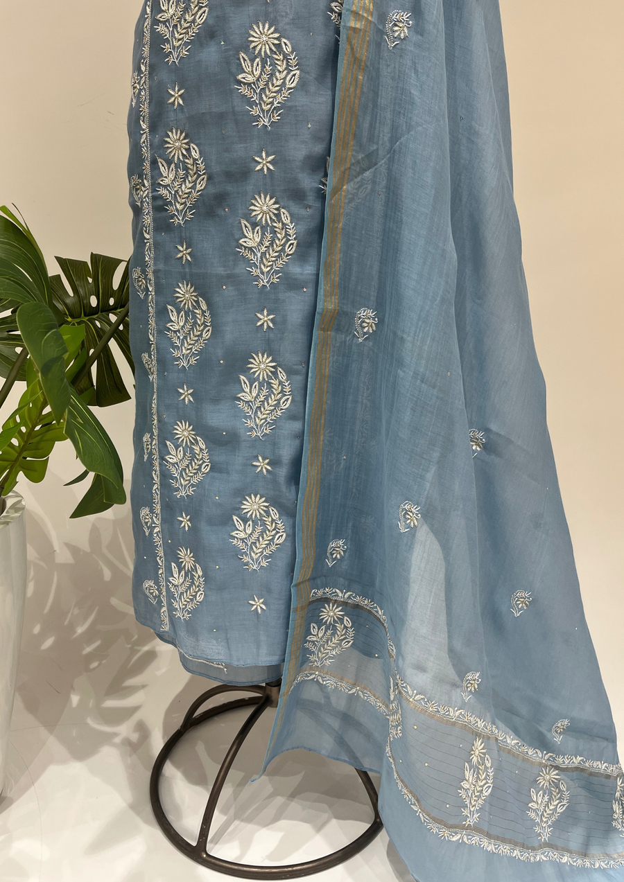 Mul Chanderi Chikankari unstitched Suit - Periwrinkle Blue