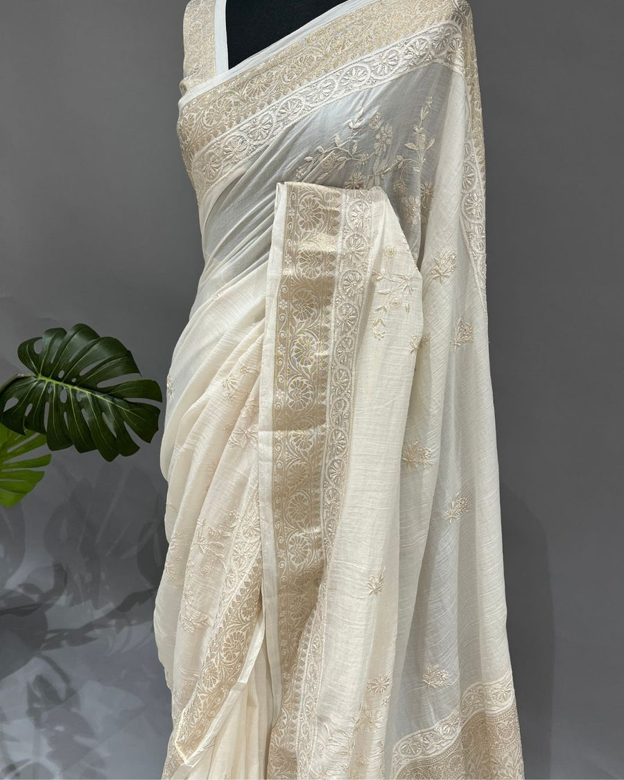 Mul Chikankari Saree - Ivory
