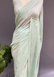 Chikankari Viscose Saree- Mint Green