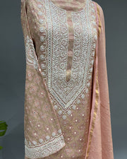 Banarsi Chanderi Chikankari Semistitch 2pc Suit - Rose Gold
