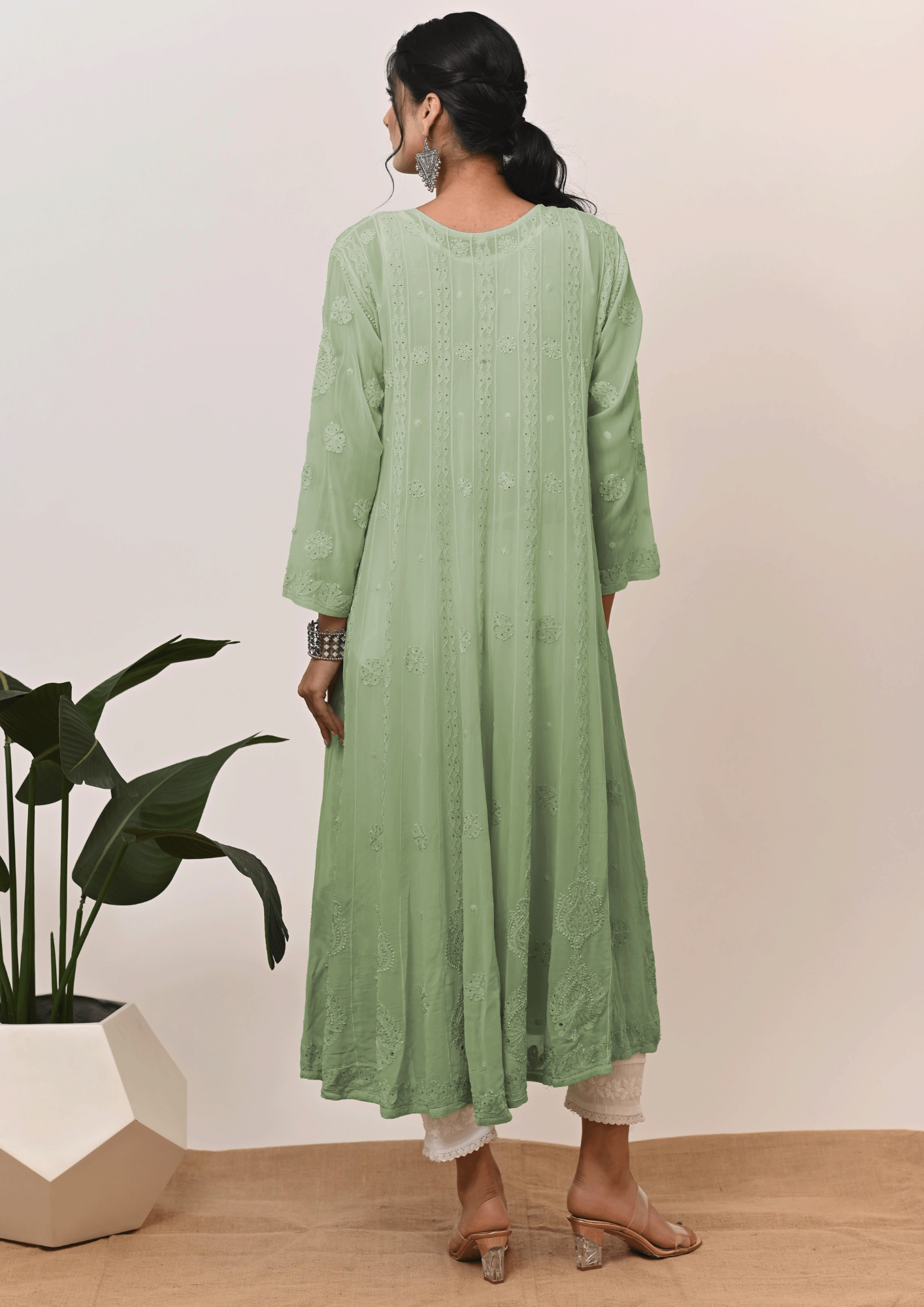 Georgette Anarkali Chikankari Kurta- Ombre Teal Green