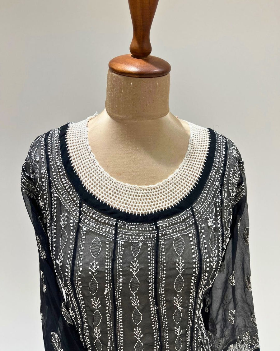 Georgette Anarkali Chikankari Kurta - Black