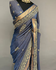Tissue Chikankari Saree - Midnight Blue