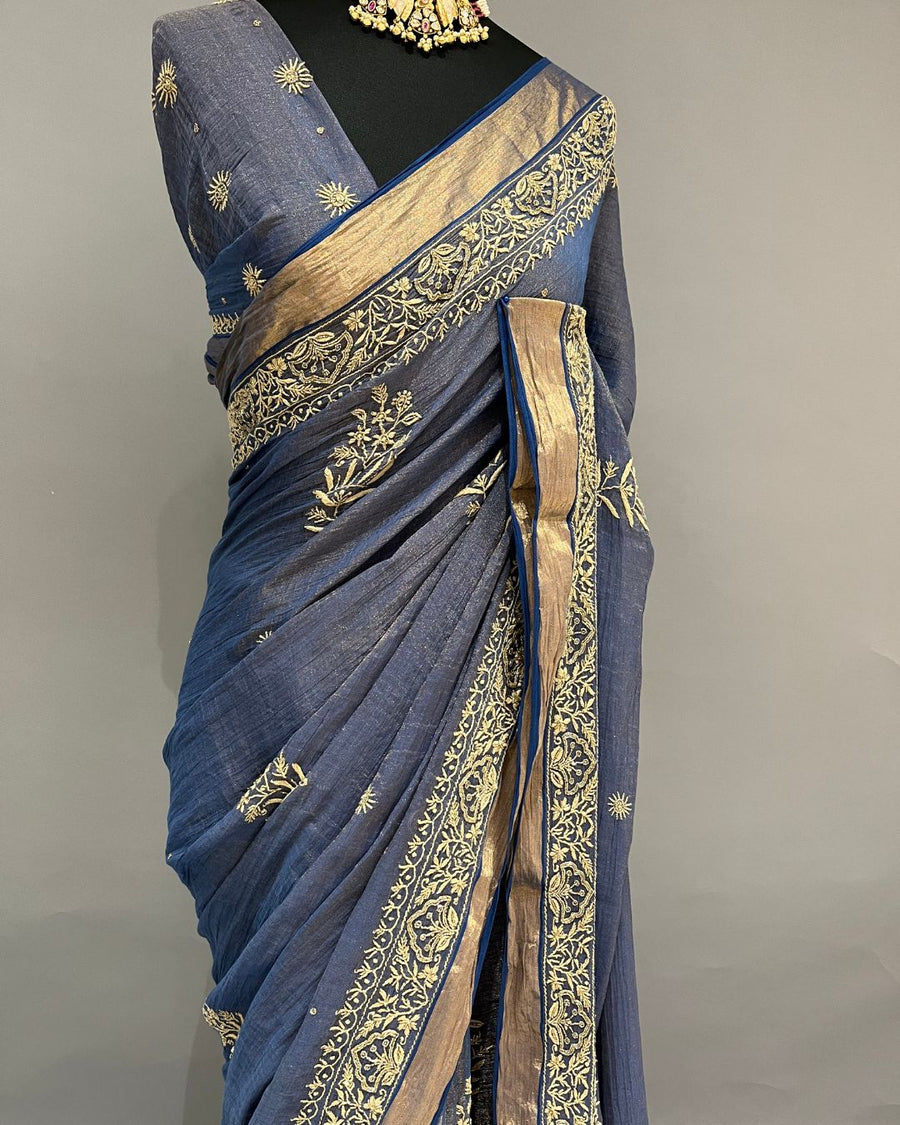 Tissue Chikankari Saree - Midnight Blue