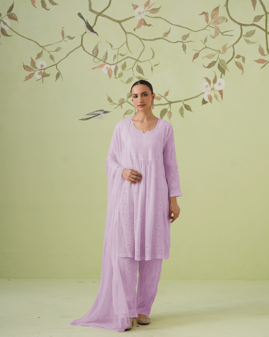 Chikankari Viscose Short Kurta Suit Set - Ombre Lavender