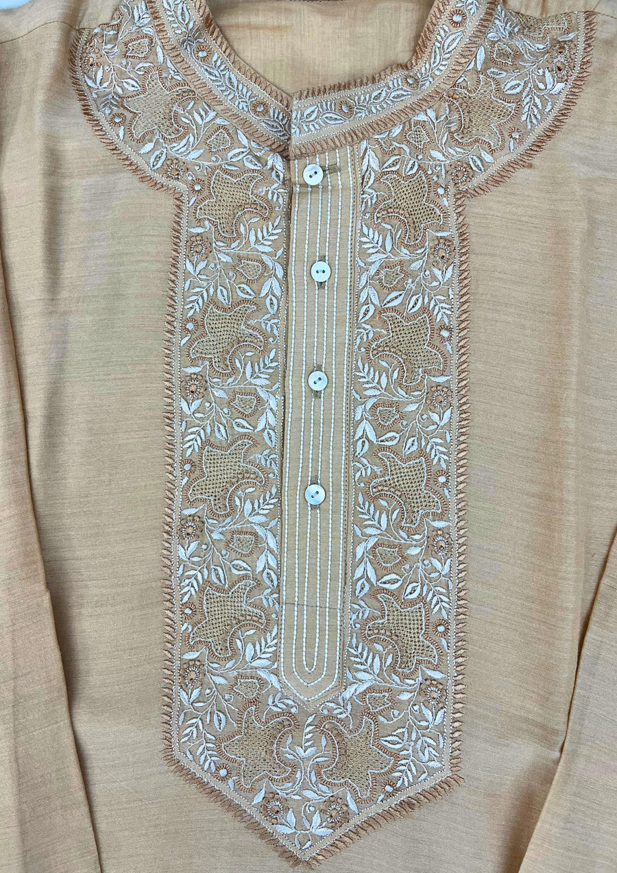 Munga Silk Chikankari Stitched Mens Kurta - Peach