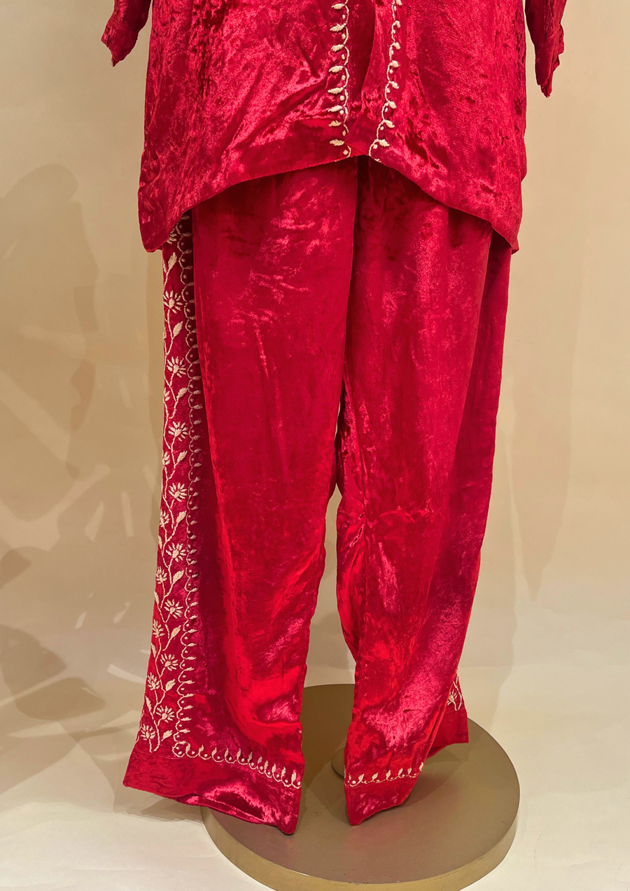 Velvet Chikankari Stitched Coord Set - Red