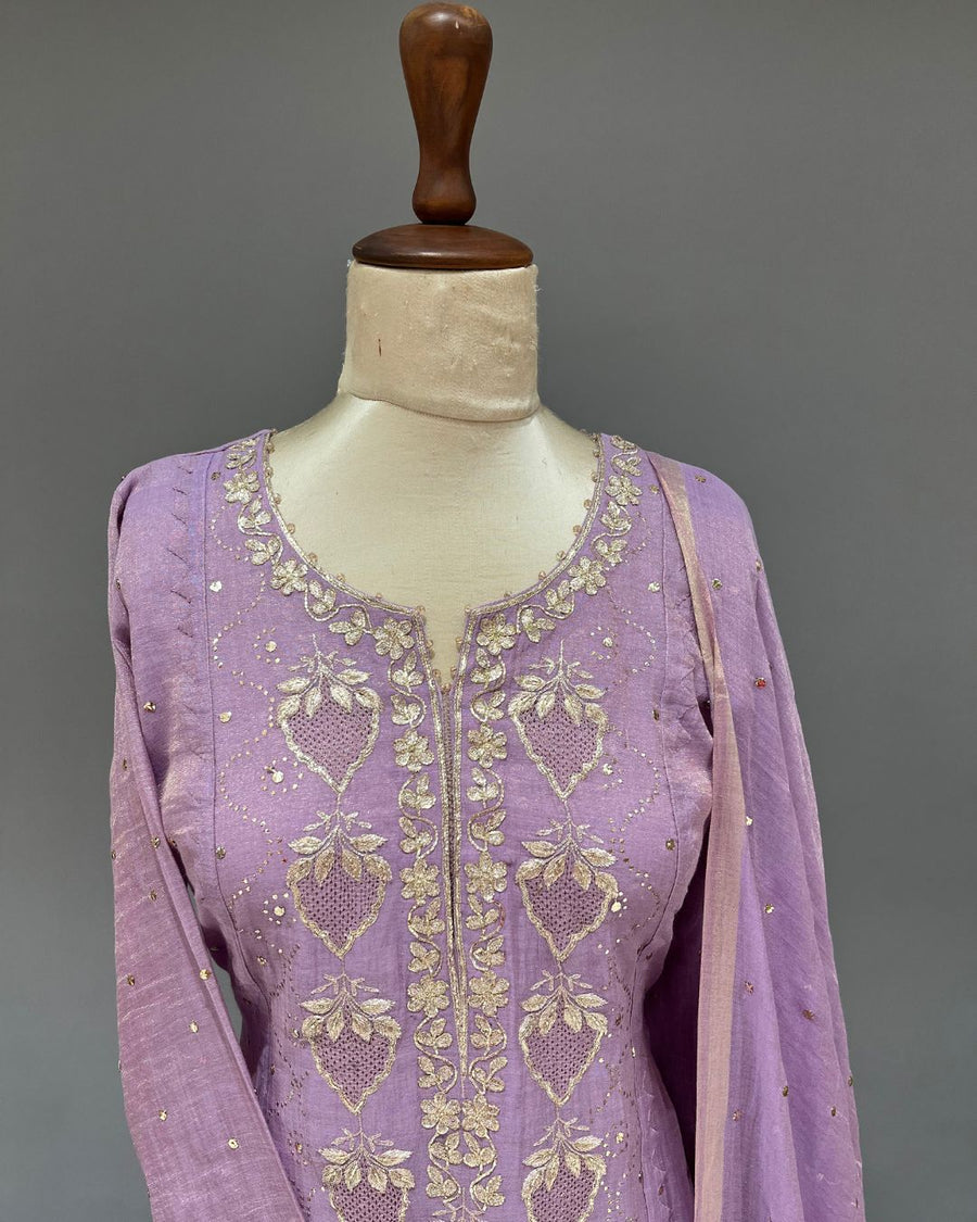 Tissue Chikankari 3pc Stitched Suit - Mauve