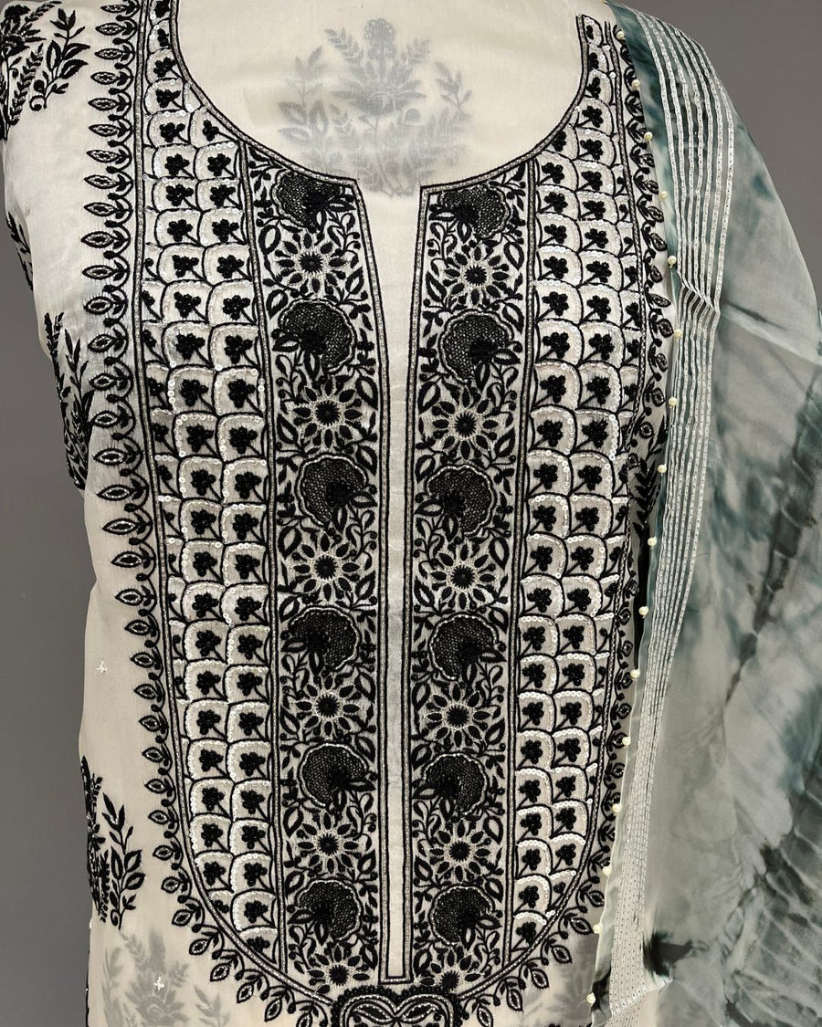 Organza Chikankari Unstitch 2pc Suit - White