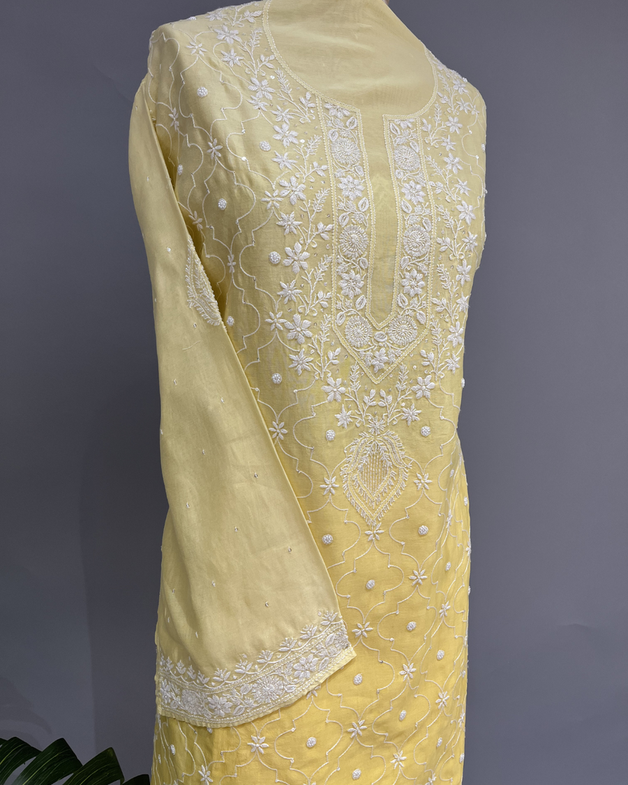 Chanderi Chikankari Co ord Set - Lemon Yellow