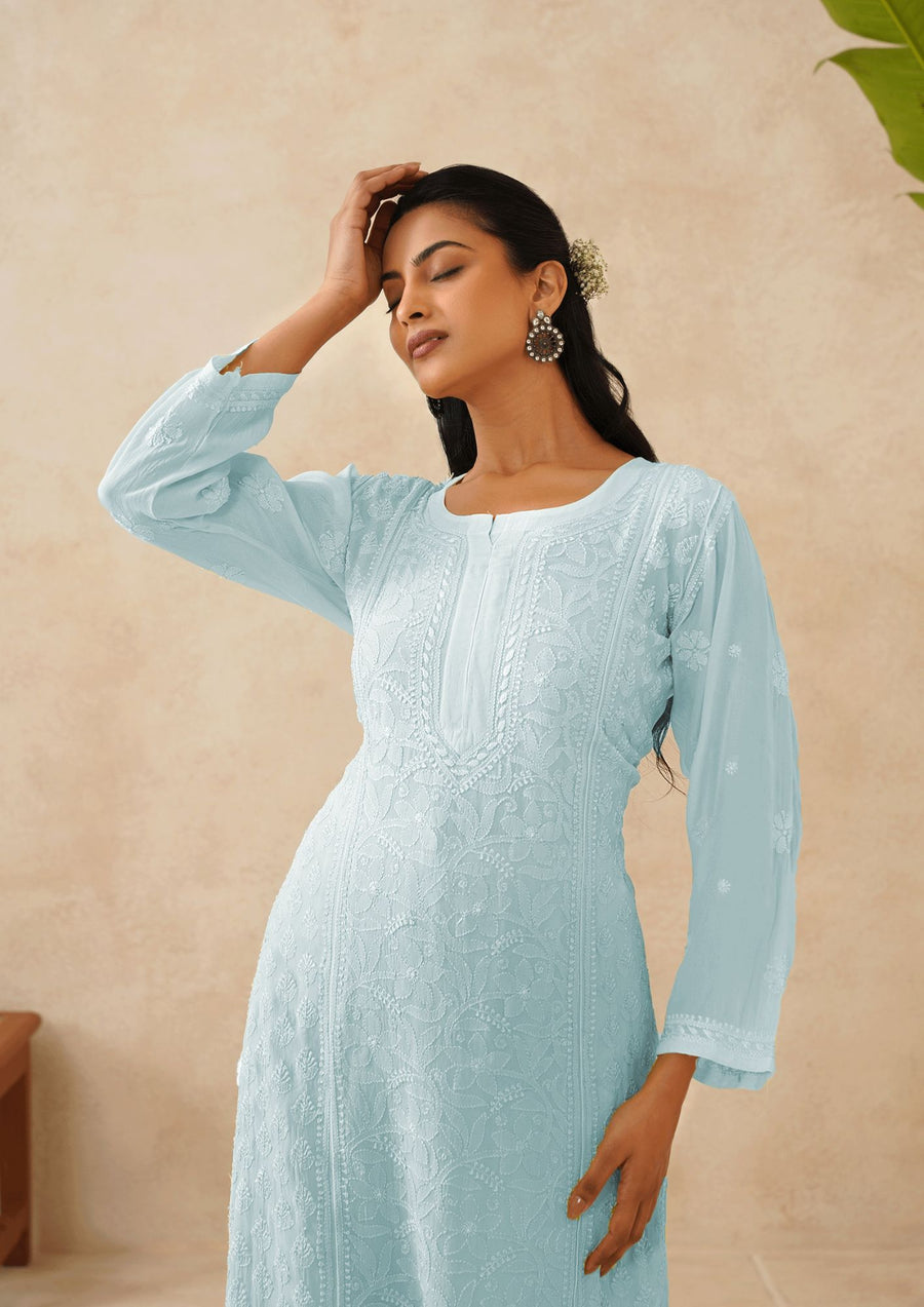Crepe Georgette Long Kurti - Ombre Aqua Blue