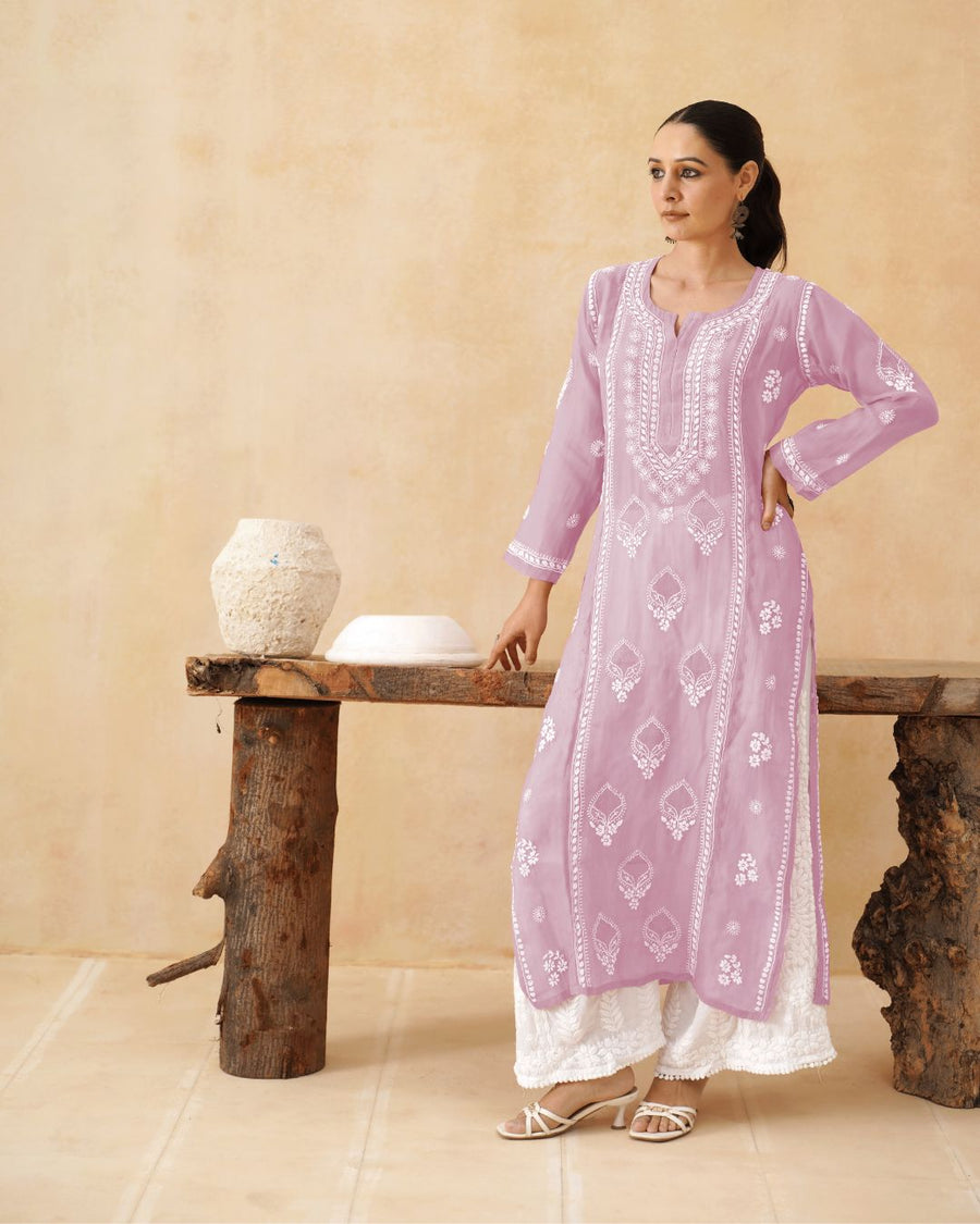 Mul Chikankari Long Kurti - Mauve Pink