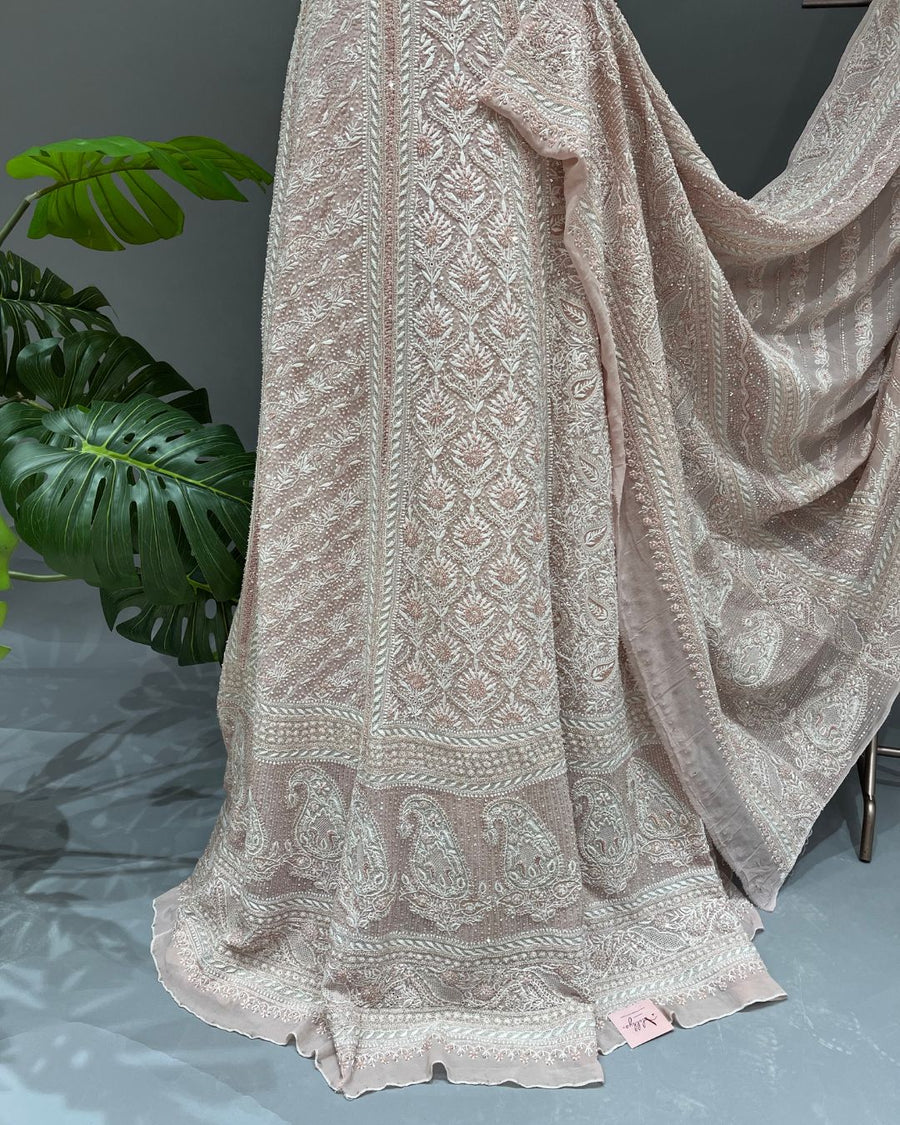 Pure Georgette Chikankari Unstitched Lehnga - Dusty Pink