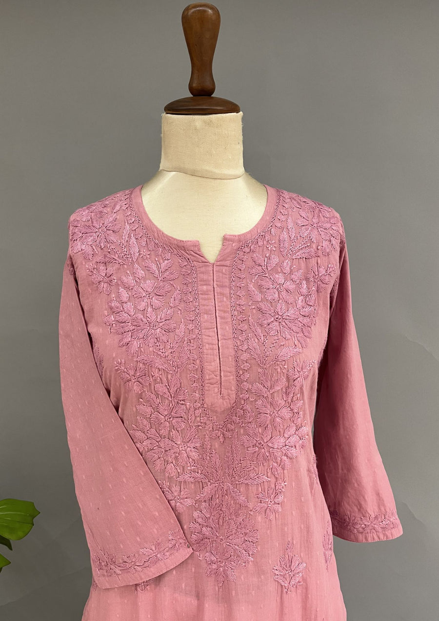 Cotton Chikankari Kurti -  Salmon Pink