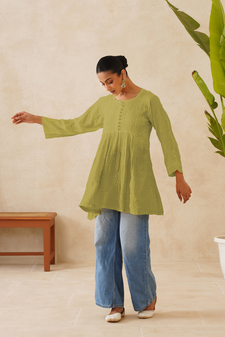 Muslin Short Kurti - Ombre Fade Olive