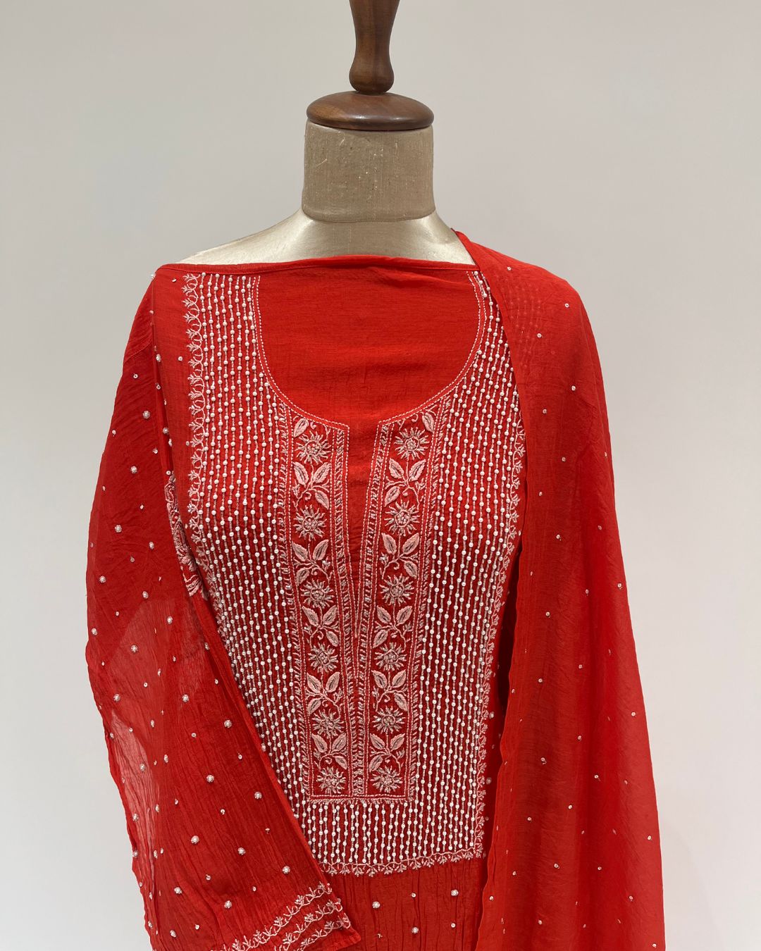 Mul Chanderi Chikankari Unstitched 2pc Suit - Candy Red