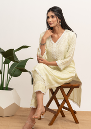 Muslin Chikankari Coord set - Lime Yellow