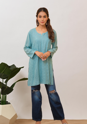 Georgette Chikankari Short Kurta - Sea green