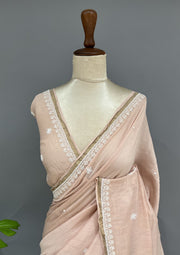 Mul Chanderi Chikankari Saree - Nude Peach