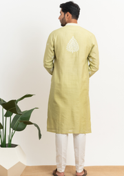 Tissue Chanderi Chikankari Men's Kurta - Green