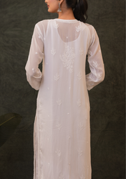 Georgette Chikankari Long Kurta - Pearl White