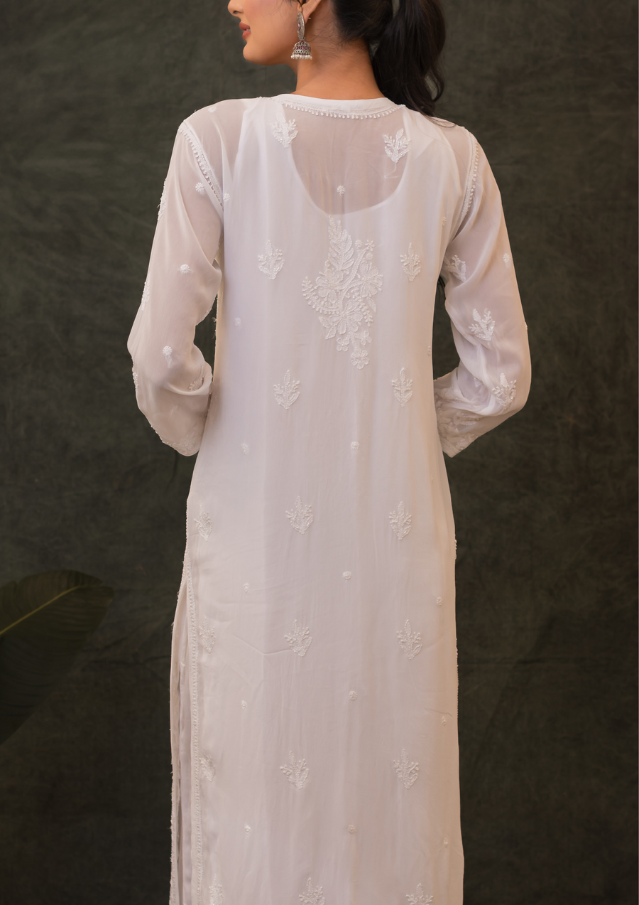 Georgette Chikankari Long Kurta - Pearl White