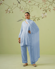 Viscose Chikankari Kurta Pant Set - Powder Blue Ombre