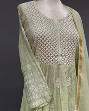Mul Chanderi Chikankari Sharara Set - Gris Green