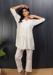 Modal chikankari short kurti - pristine white