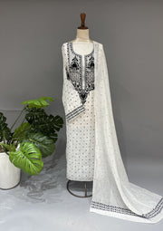 Mul Chanderi Chikankari Unstitch 2pc Suit - White & Black