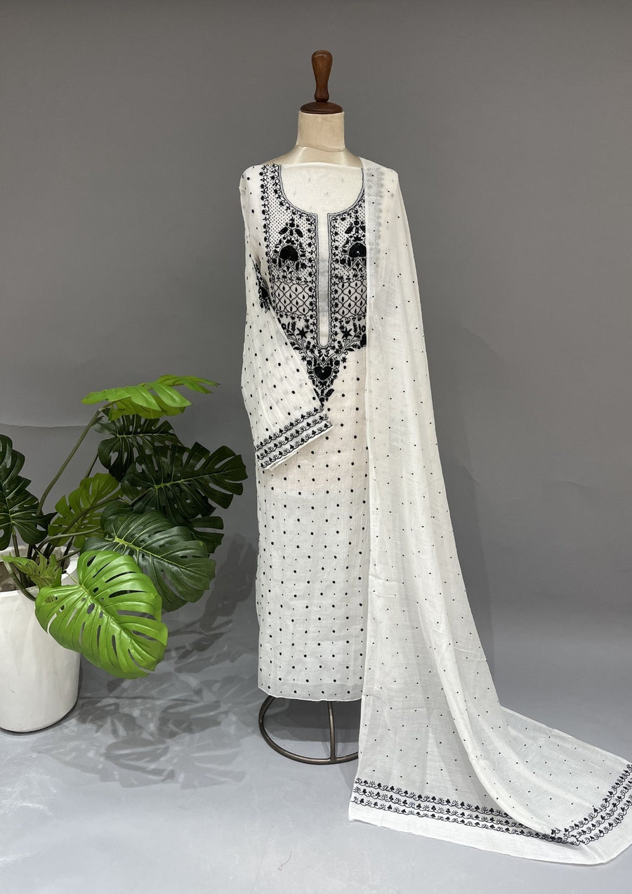 Mul Chanderi Chikankari Unstitch 2pc Suit - White & Black