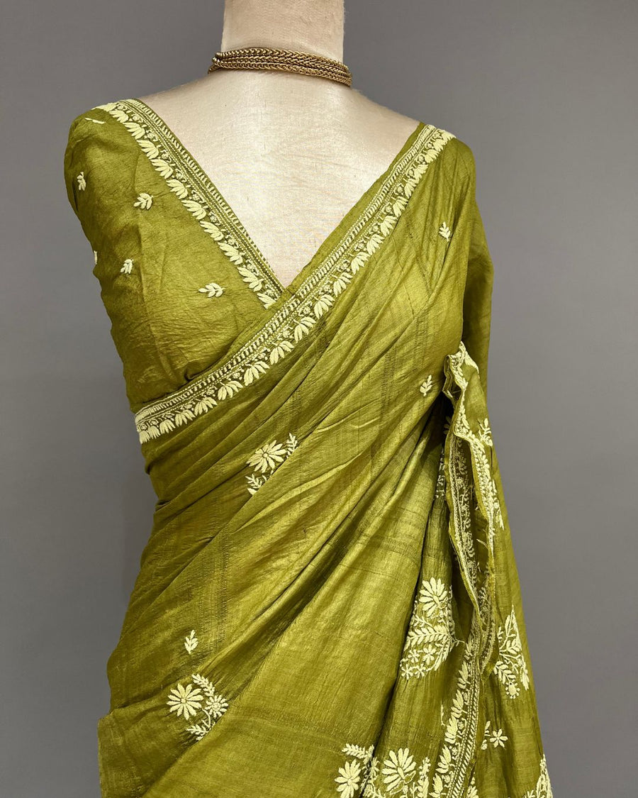 Tussar Silk Chikankari Saree - Olive Green