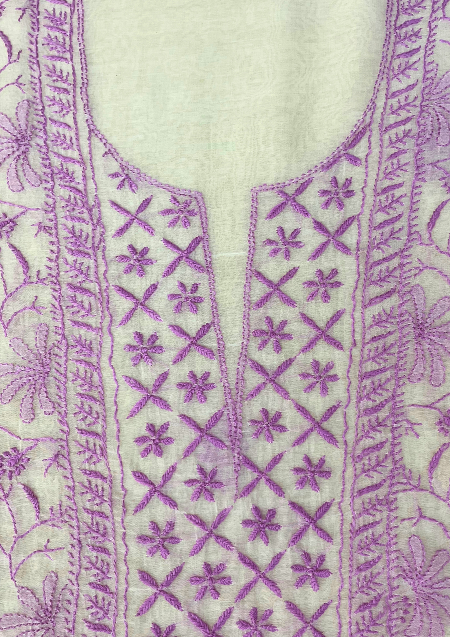 Chikankari Mul Chanderi Unstitched Suit - White and Purple