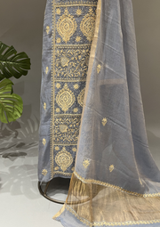 Chikankari Tissue Unstitched Kurta and Dupatta - Cashmere Blue