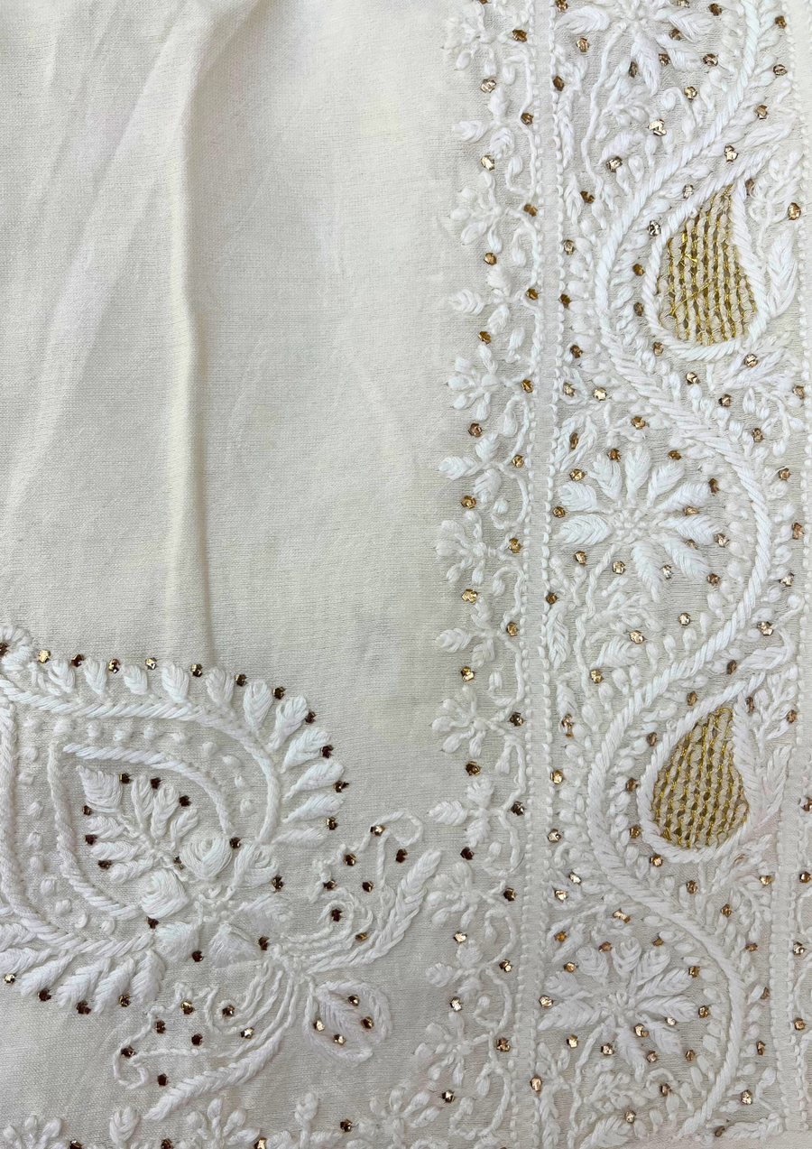 Chikankari Semistitched Chanderi Co-ord Set - White
