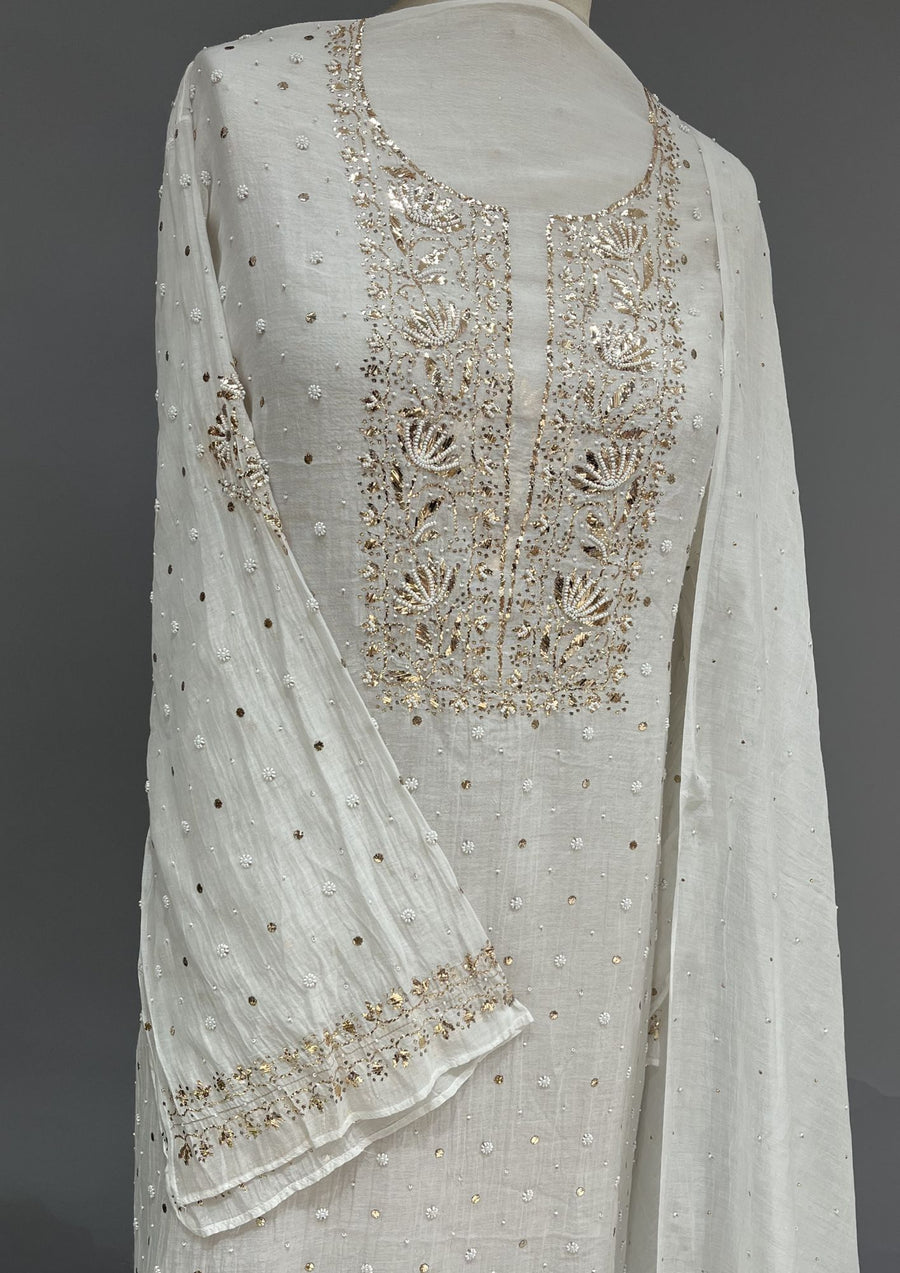 Mul Chanderi Mukesh Unstitch 2pc Suit - White