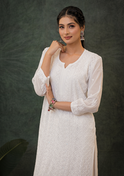 Georgette Chikankari Long Kurta - Pearl White