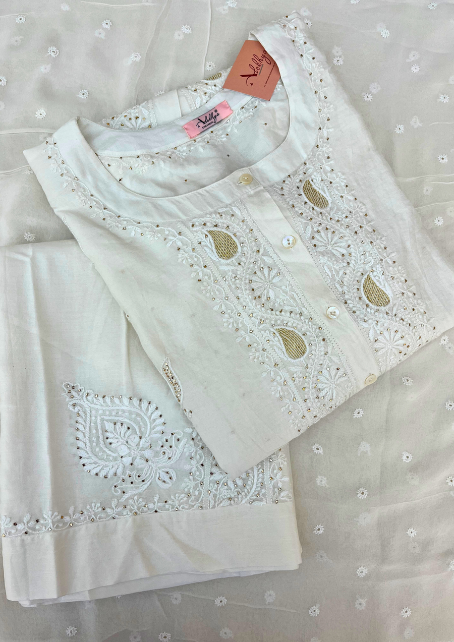 Chikankari Semistitched Chanderi Co-ord Set - White