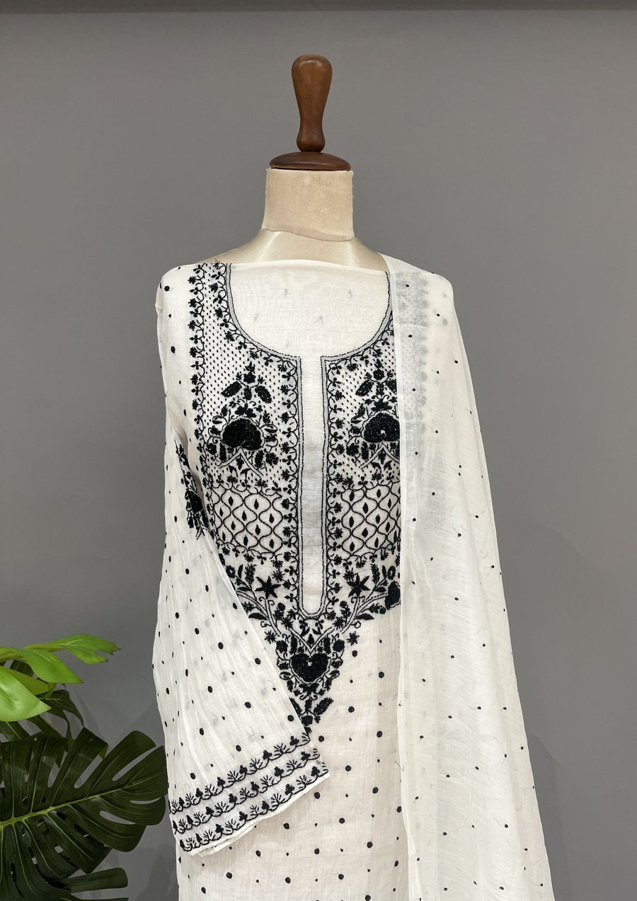 Mul Chanderi Chikankari Unstitch 2pc Suit - White & Black